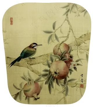 工笔花鸟石榴画