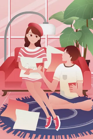 卡通温馨浪漫2月14七夕520情侣拥抱情人节主题插画海报PSD素材