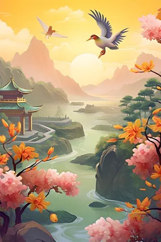 国潮花朵仙鹤云间背景