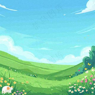 春天清新蓝天白云草地绵羊花朵扁平插画手绘