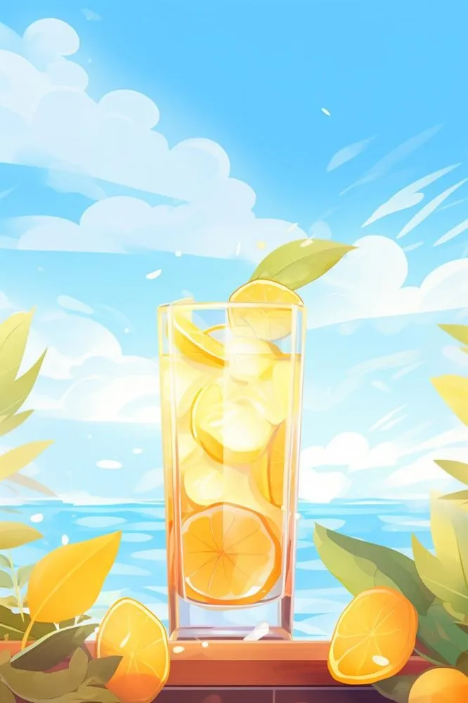 清新蓝天冰饮柠檬冰块插画背景(896x1344)