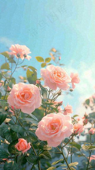 春天蓝天白云阳光下的粉色玫瑰花朵，谷雨立夏
