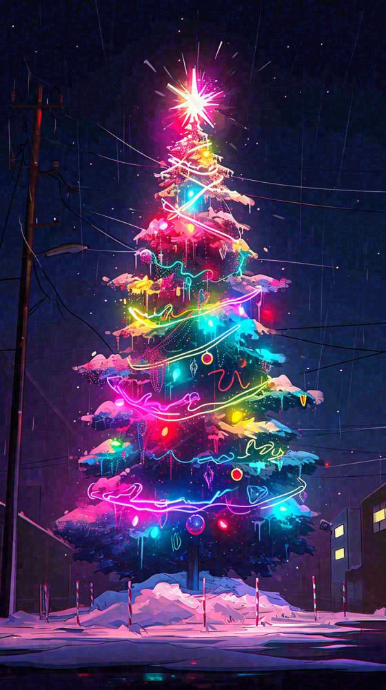 炫酷圣诞彩色缤纷圣诞树节日，夜晚街道建筑，暗黑
