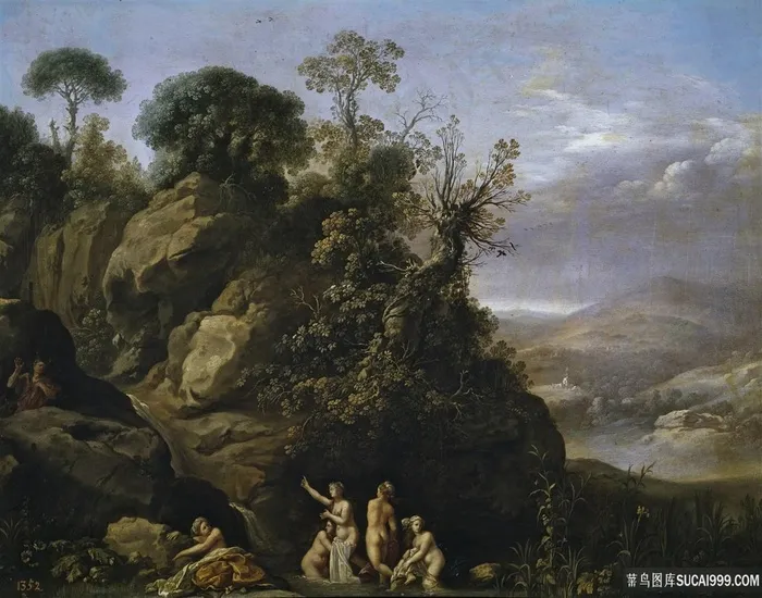山脉树木美景油画