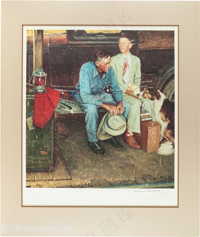 诺曼 · 洛克威尔手绘坐着等车的男士装饰画