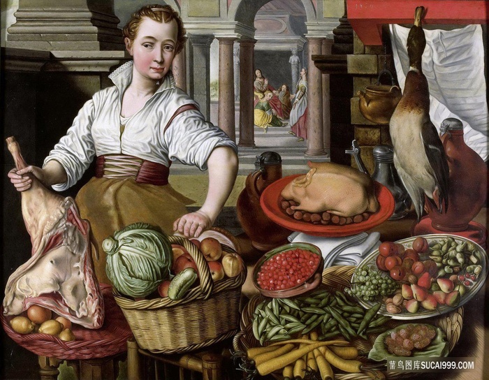 比基拉，约阿希姆—厨房作品，背景是耶稣在马大和玛丽亚