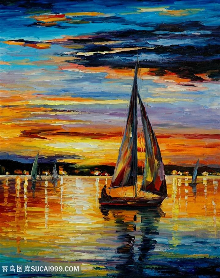 晚霞湖畔帆船美景油画插画装饰画