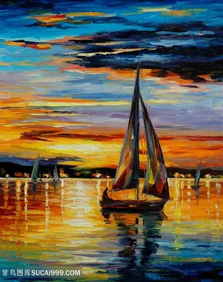 晚霞湖畔帆船美景油画插画装饰画