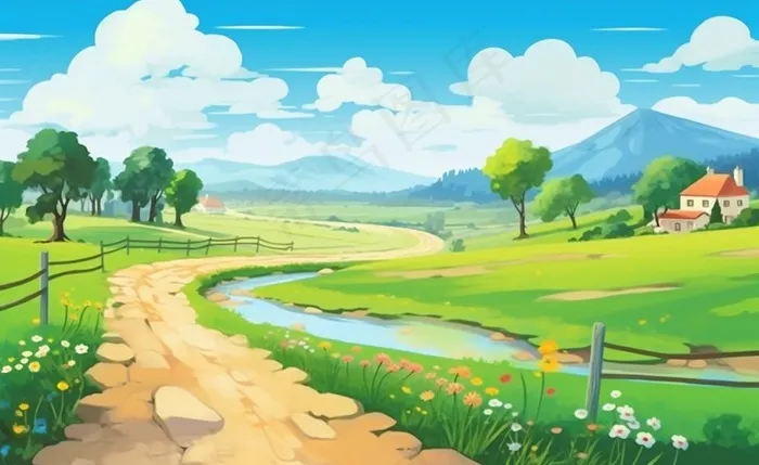 乡村村庄美丽风景河流插画农田插画背景(1408x864)