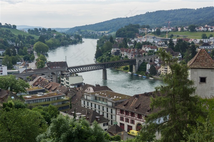 莱茵河畔欧洲风情小镇瑞士沙夫豪森鸟瞰旅游景观