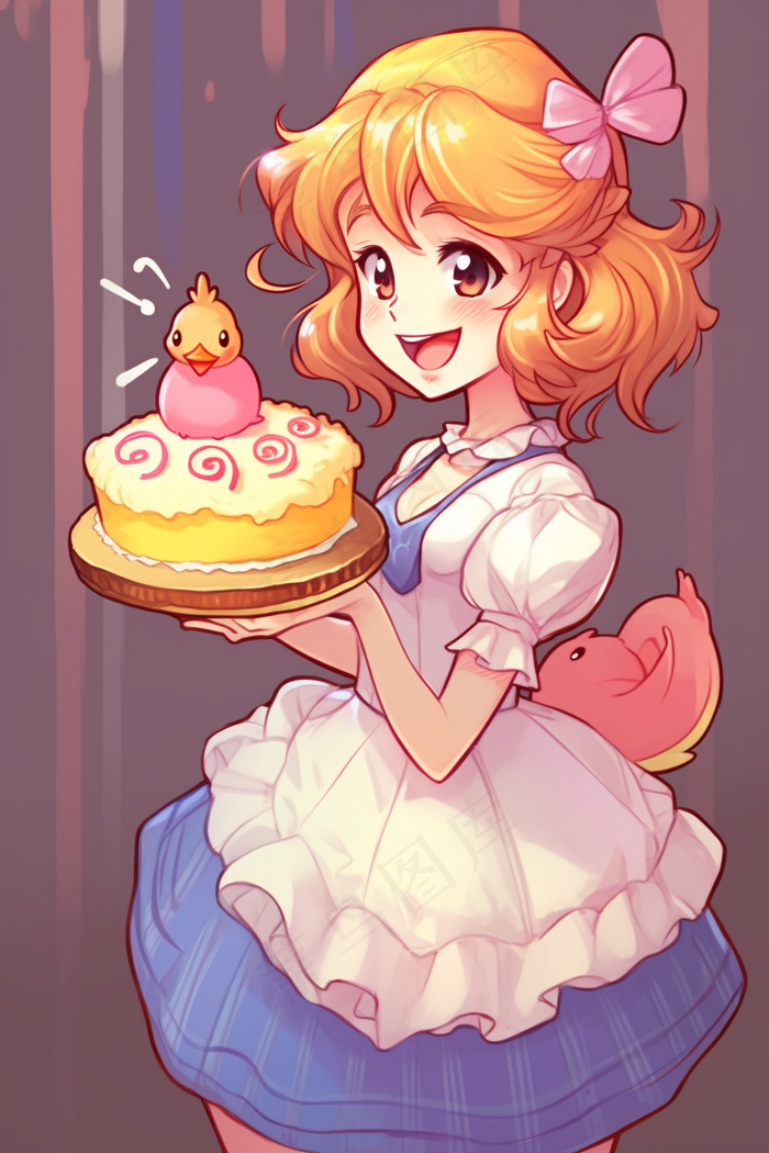 可爱少女捧着蛋糕女仆裙卡通插画背景