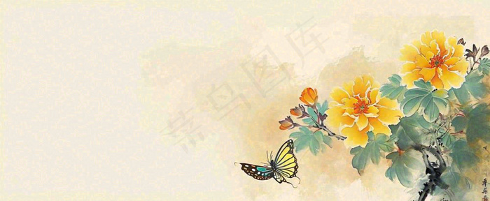 温馨纹理橙色花朵鲜花蝴蝶意境唯美渐变，中国风(1712x704)