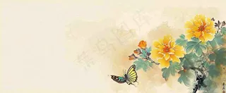 温馨纹理橙色花朵鲜花蝴蝶意境唯美渐变，中国风