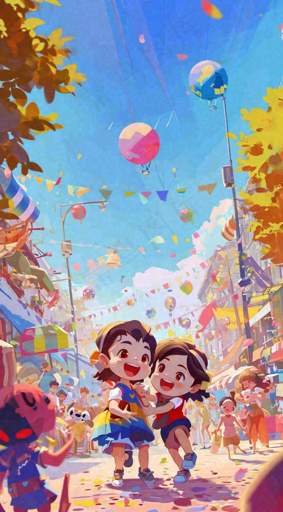 欢乐游乐场孩子游玩卡通插画手绘，儿童节童年(816x1472)