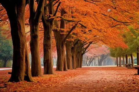 秋天红了的树和落叶铺满了道路摄影图