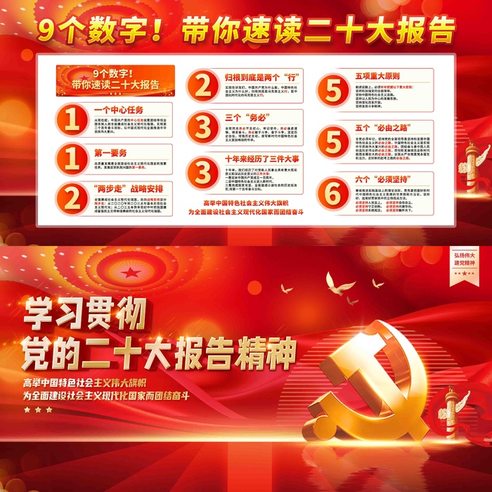学习贯彻二十大精神数字速读二十大党建展板psd模版下载
