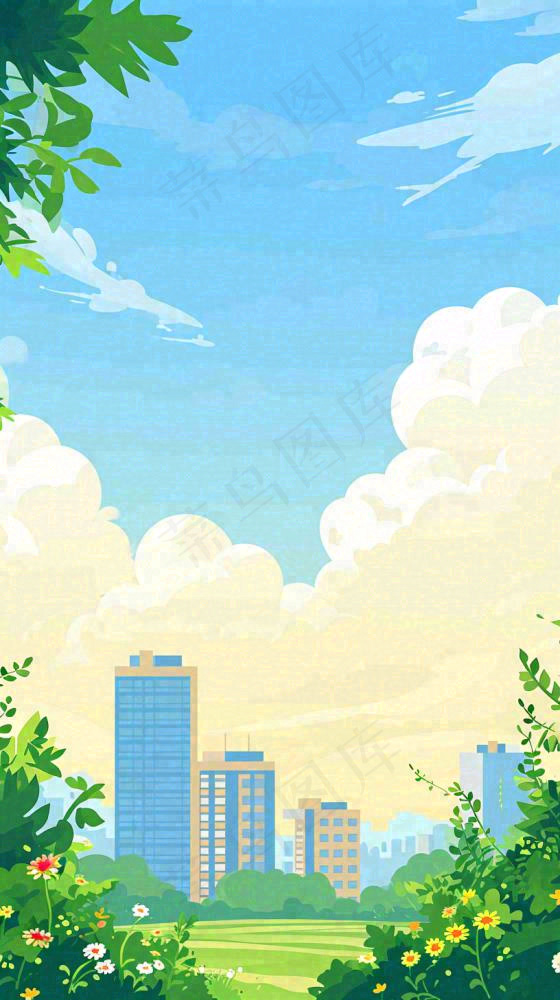 蓝天白云草地树木建筑，春天