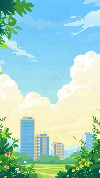蓝天白云草地树木建筑，春天