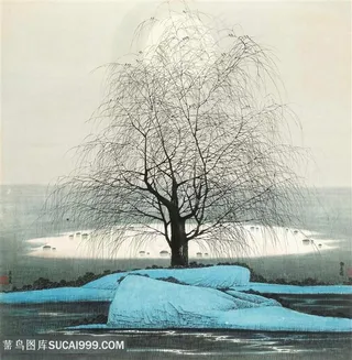 水墨唯美田园大树装饰画