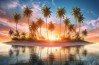 一个拥有许多棕榈树和沙滩的阳光明媚的岛屿摄影图