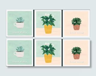 手绘三联花盆花卉装饰画