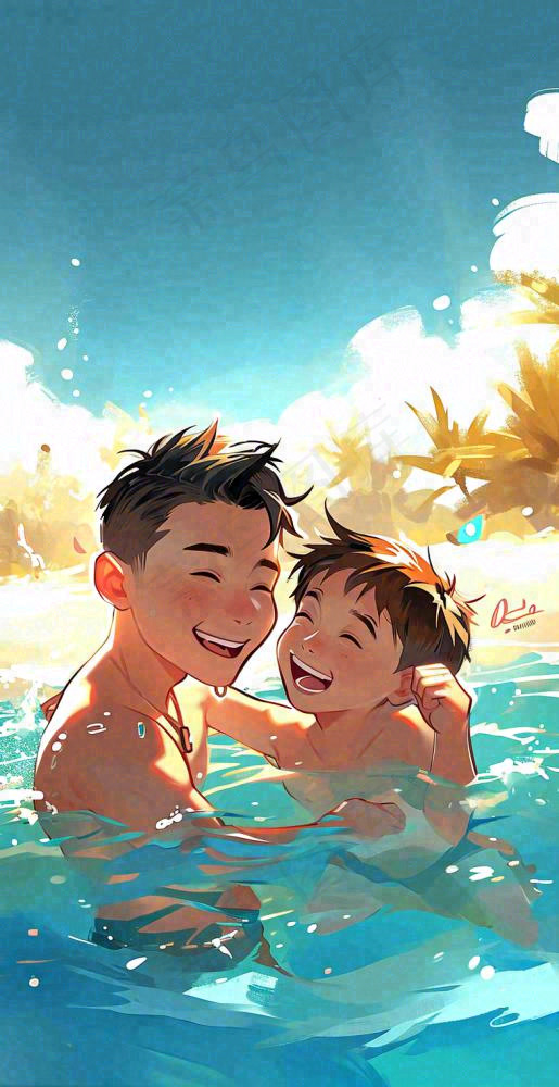 夏天父子游泳泳池蓝天白云清新手绘插画