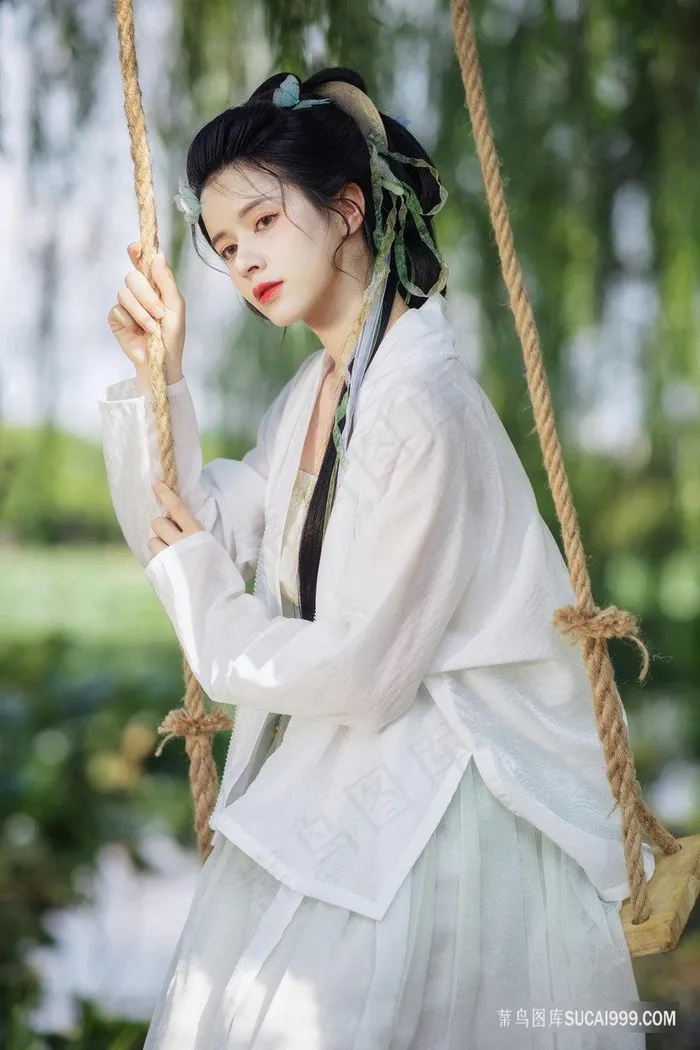 坐在秋千上的清纯白衣少女图片