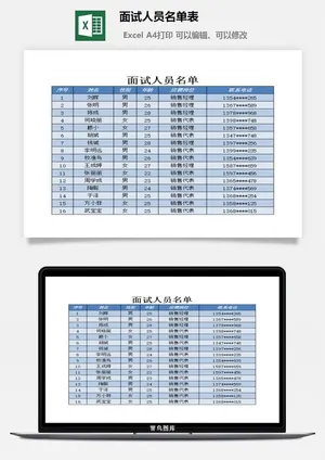 面试人员名单表excel模板预览图