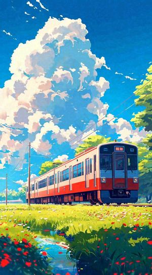 蓝天白云交通高铁铁路火车，草坪鲜花彩色插画