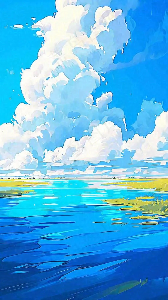 大自然湖面小溪草坪村庄蓝天白云，春天清新阳光(816x1456)
