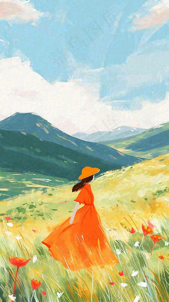 春天山脉草坪花海上穿裙子的女孩油画手绘插画，清新浪漫，踏青春游(816x1456)