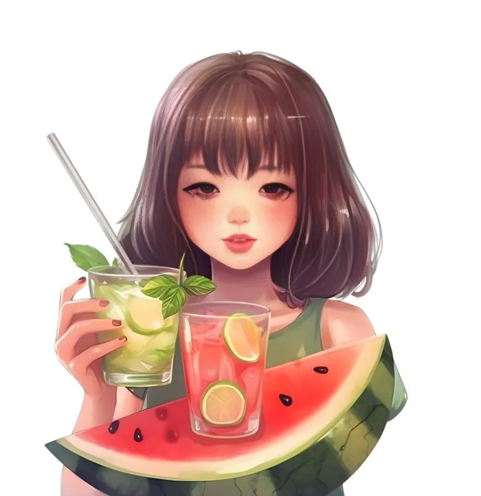 夏日西瓜冰饮水果女孩人物免抠(1842x1900)