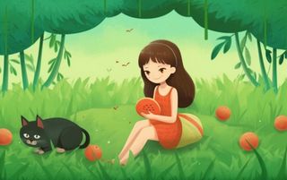 坐着草地上的女孩和猫插画背景