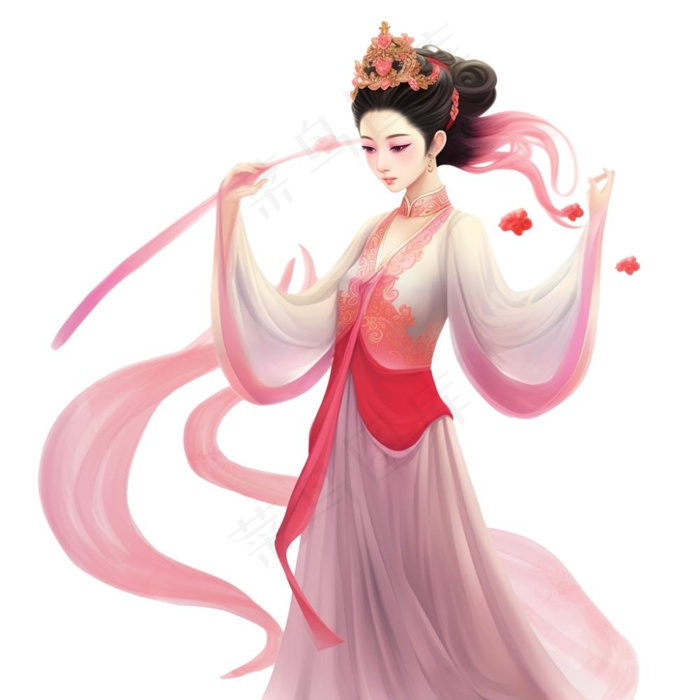 古风古装少女仙气粉色衣裙插画免抠(1024x1024)