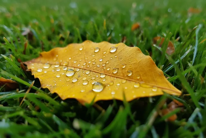 清晨草地上的黄叶落叶的露珠摄影图