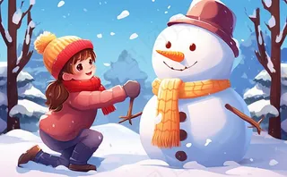 冬季下雪堆雪人孩子们儿童卡通插画背景