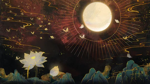 国潮中国风复古敦煌岩彩山水祥云插画烫金肌理背景PSD设计素材