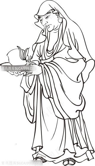 蟠桃的僧人罗汉线描矢量PNG绘画图片