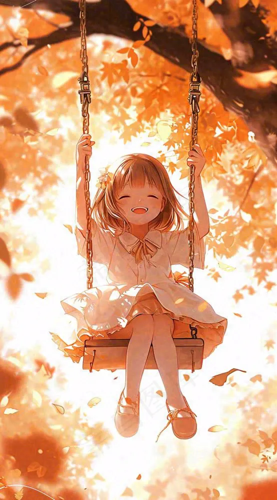 秋天秋叶少女儿童荡秋千玩耍，可爱手绘插画(816x1472)