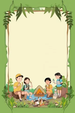 亲子露营野营游玩绿色插画背景