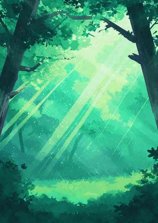 春意盎然的树林里阳光洒下绿草茵茵的水彩画