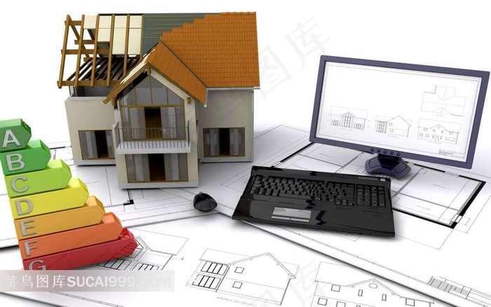 3D别墅建筑笔记本电脑设计素材