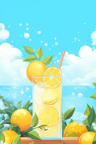 清新蓝天冰饮柠檬冰块插画背景