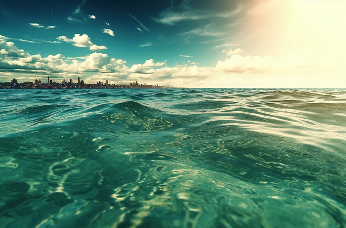 城市附近海洋的美丽景色，流畅的摄影风格，怀旧意象，寒潮，超前卫，蓝绿色，商业意象，创意摄影图