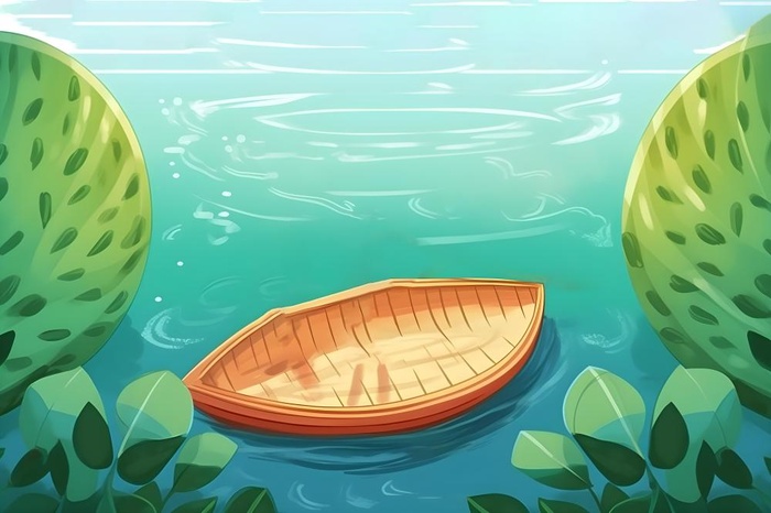 湖面划船睡莲湖水绿叶芦苇插画背景(5376x3584)