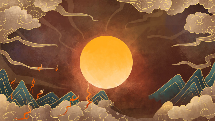 国潮中国风复古敦煌岩彩山水祥云插画烫金肌理背景PSD设计素材