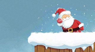 冬天圣诞老人屋顶带礼物，雪花雪屋，圣诞节卡通扁平插画