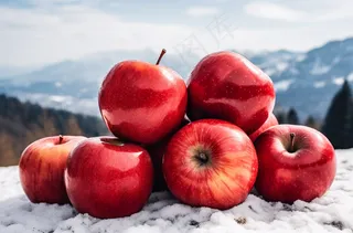 雪地里的红苹果摄影图