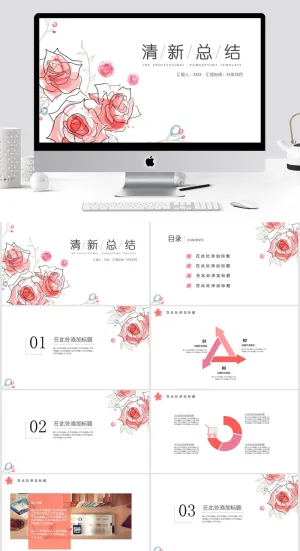 清新小花红色工作总结PPT预览图
