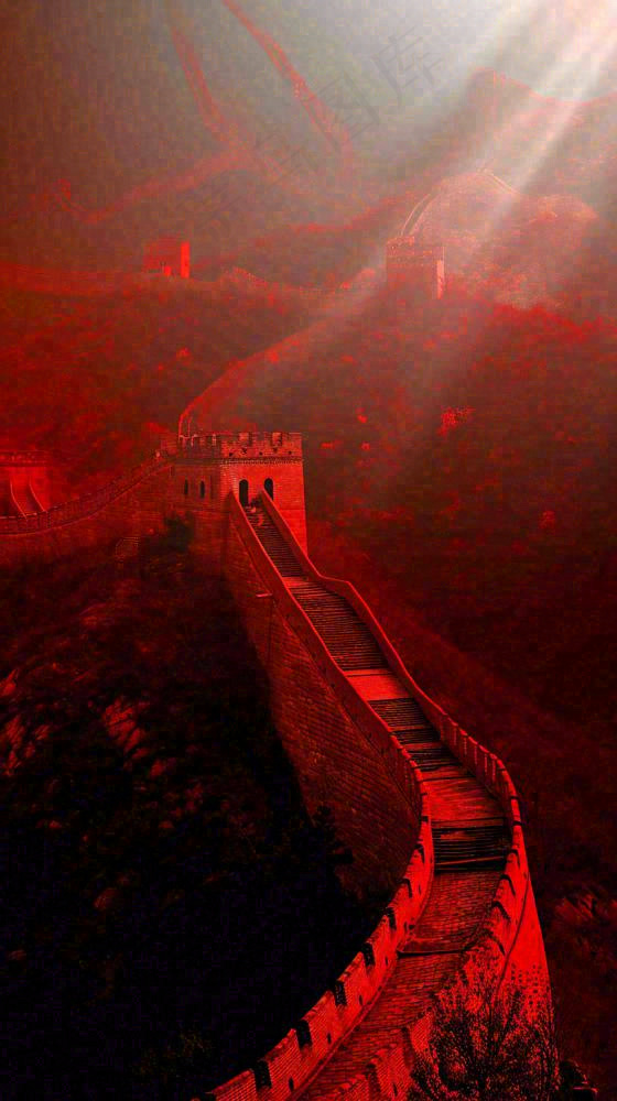 雄伟长城大气红色灯光